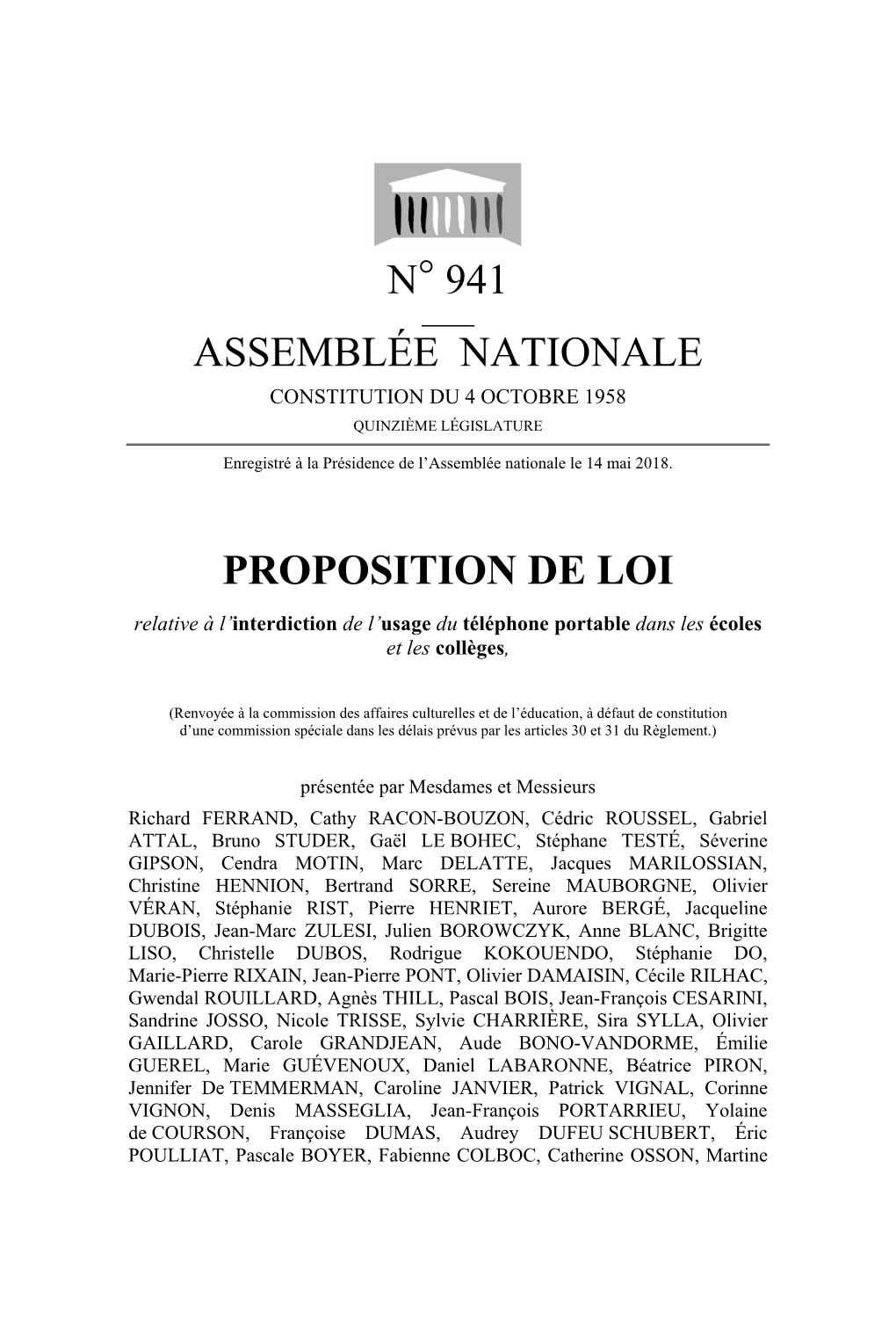 N° 941 Assemblée Nationale Proposition De