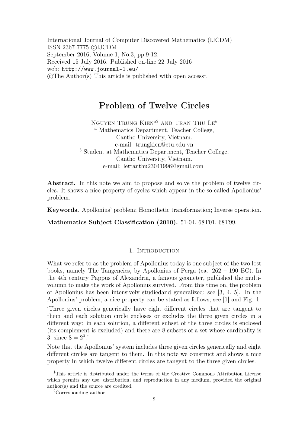 Nguyen Trung Kien and Tran Thu Le, Problem of Twelve Circles, Pp.9-12