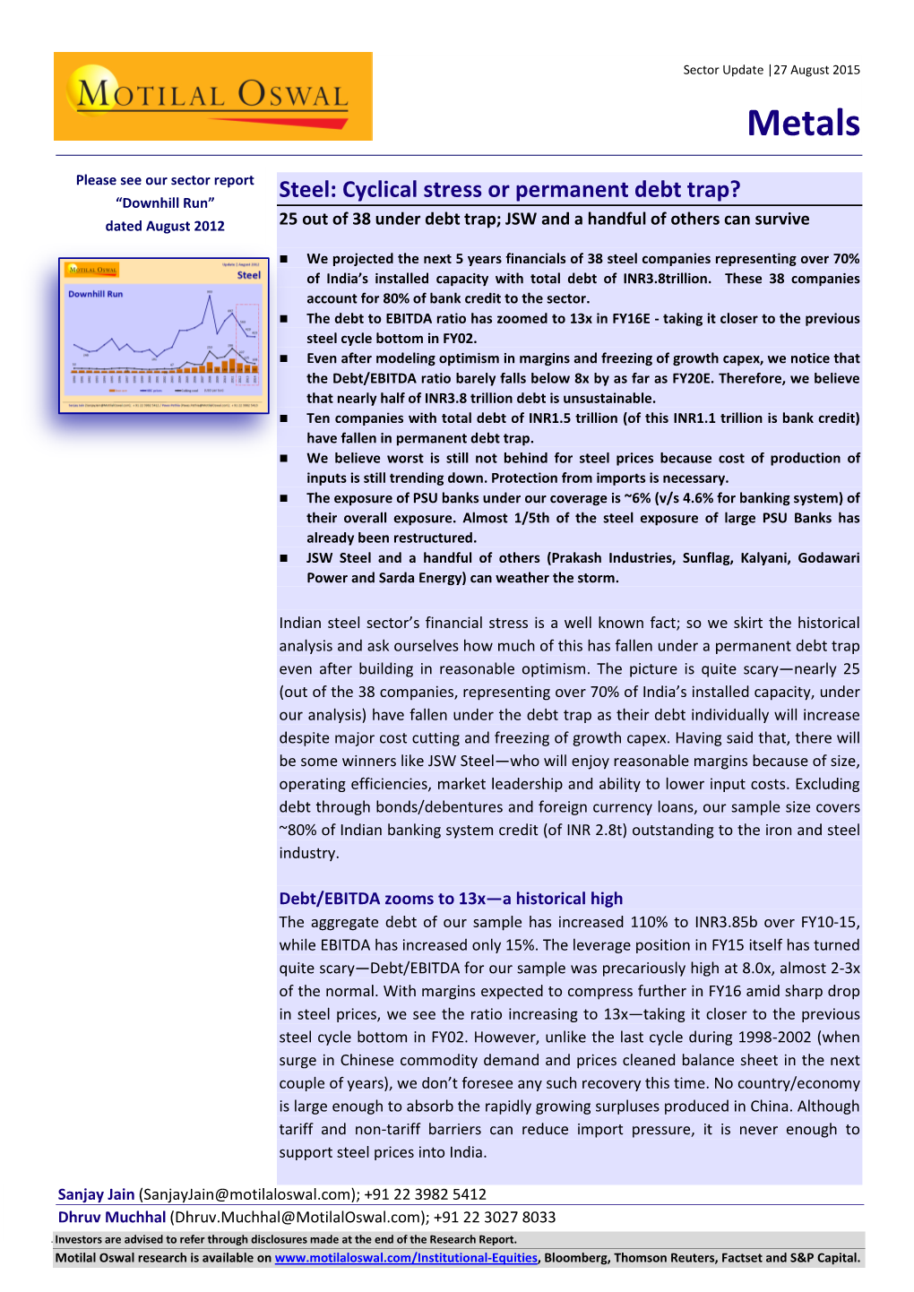 Steel: Cyclical Stress Or Permanent Debt Trap? “Downhill Run” Dated August 2012 25 out of 38 Under Debt Trap; JSW and a Handful of Others Can Survive