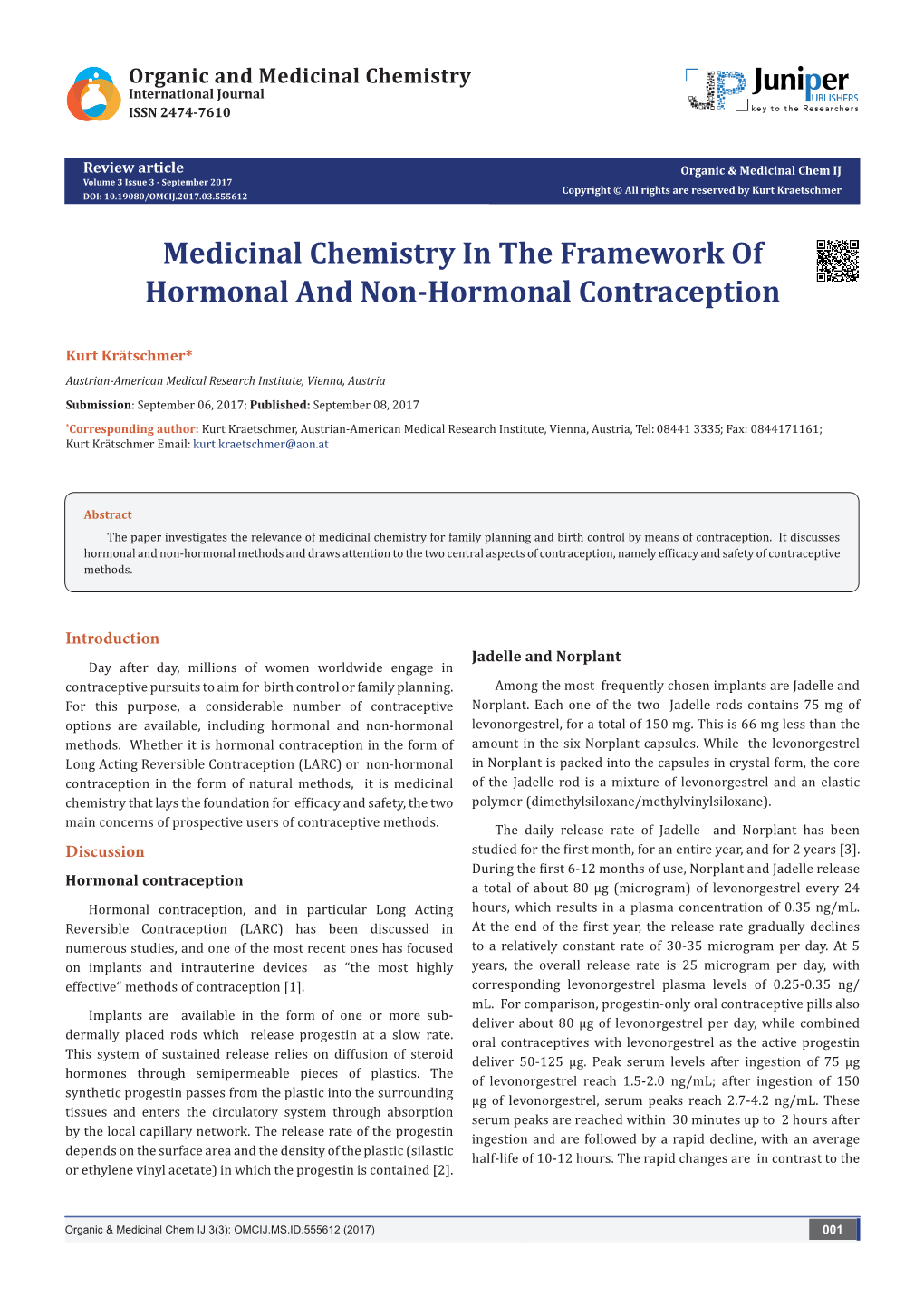 Medicinal Chemistry in the Framework of Hormonal and Non-Hormonal Contraception