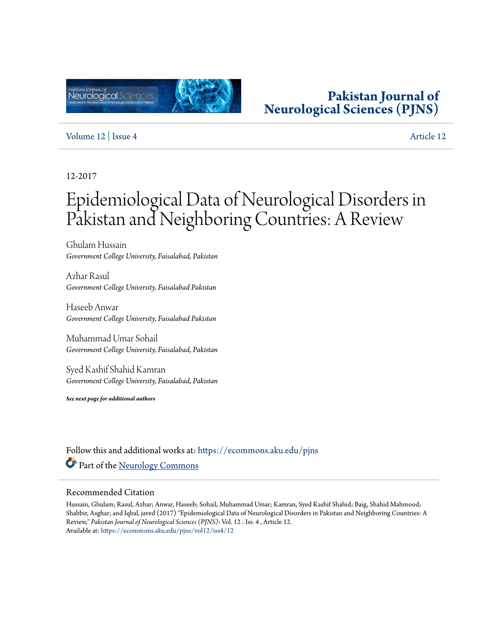 Epidemiological Data of Neurological Disorders in Pakistan and Neighboring Countries: a Review Ghulam Hussain Government College University, Faisalabad, Pakistan