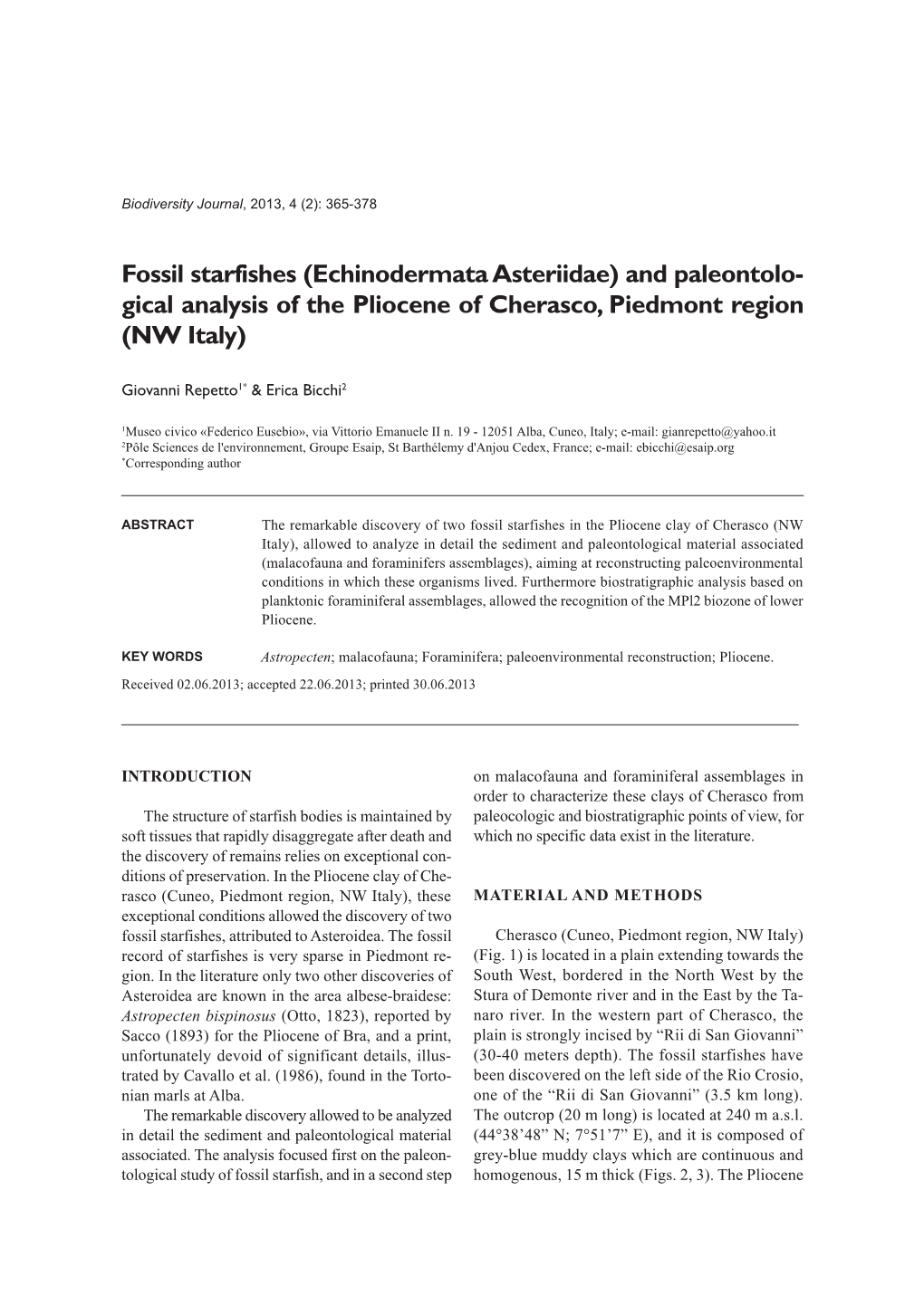 Echinodermata Asteriidae) and Paleontolo- Gical Analysis of the Pliocene of Cherasco, Piedmont Region (NW Italy)