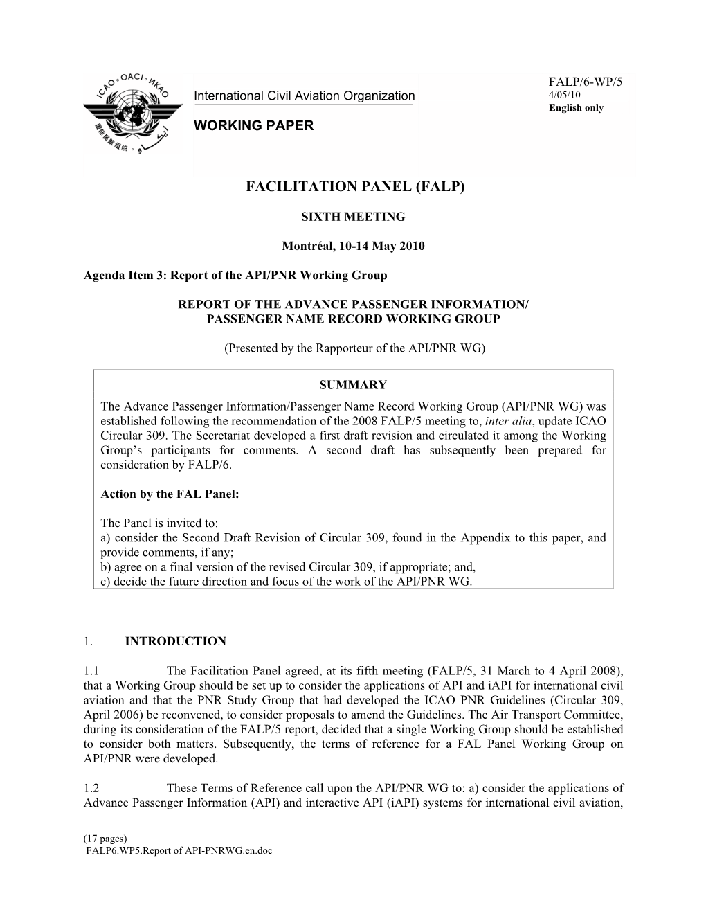 FALP/6-WP/5 International Civil Aviation Organization 4/05/10 English Only WORKING PAPER