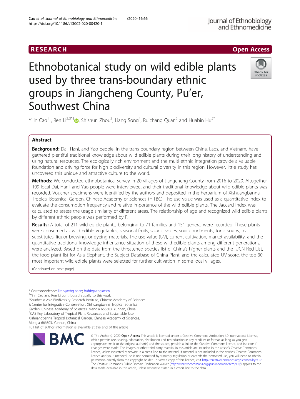 Ethnobotanical Study on Wild Edible Plants Used by Three Trans-Boundary Ethnic Groups in Jiangcheng County, Pu'er, Southwest C