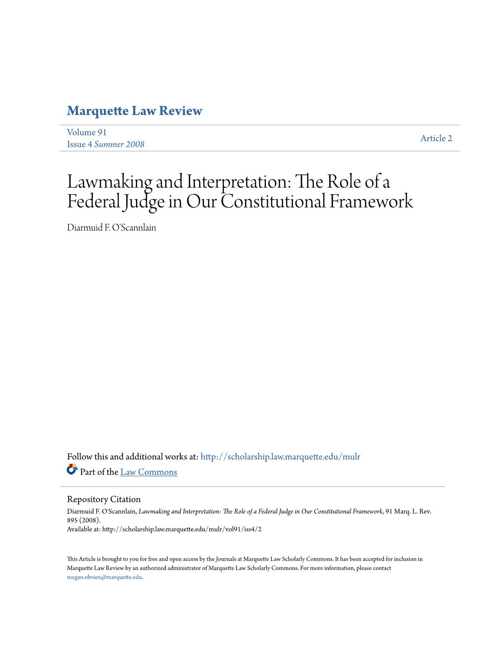 The Role of a Federal Judge in Our Constitutional Framework Diarmuid F