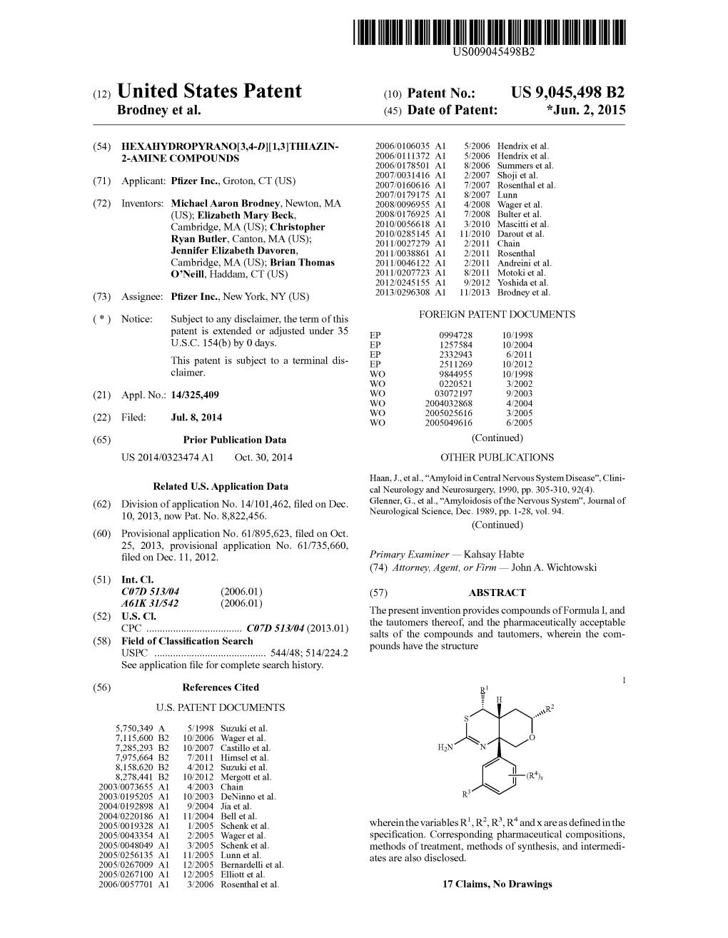 (12) United States Patent (10) Patent No.: US 9,045,498 B2 Brodney Et Al