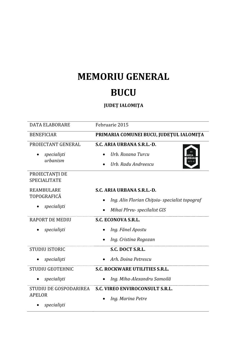 Memoriu General Bucu Judeţ Ialomiţa