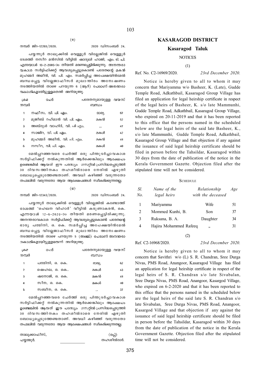 KASARAGOD DISTRICT Kasaragod Taluk NOTICES (1) Ref