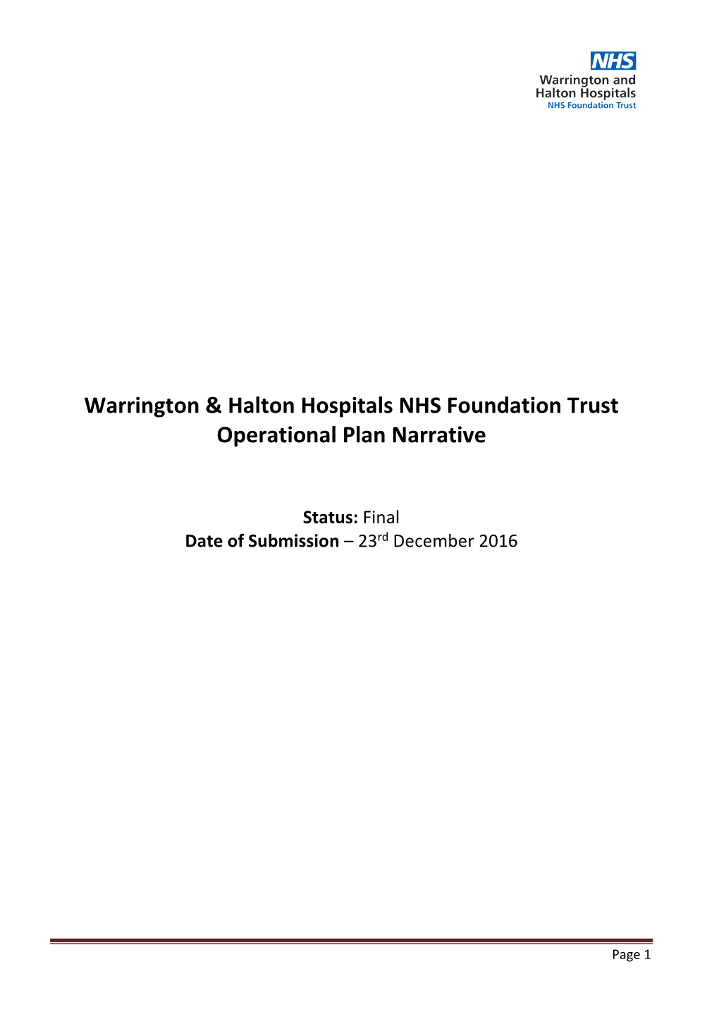 Warrington & Halton Hospitals NHS Foundation Trust Operational Plan