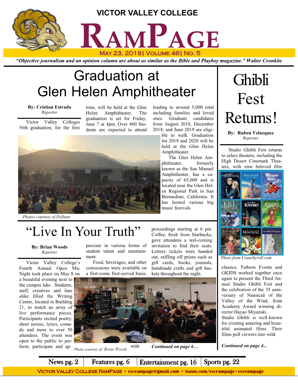 Rampage • Vvcrampage@Gmail.Com • Issuu.Com/Vvcrampage•Vvcrampage Rampage Victor Valley College News May 23, 2019 Page 2 VVC’S 10Th Annual Transfer Celebration