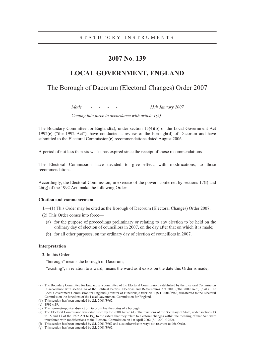 (Electoral Changes) Order 2007