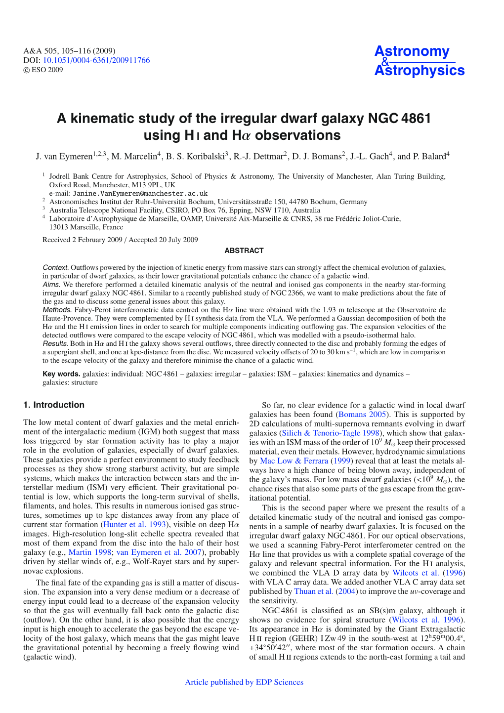 A Kinematic Study of the Irregular Dwarf Galaxy NGC 4861 Using H I and Hα Observations
