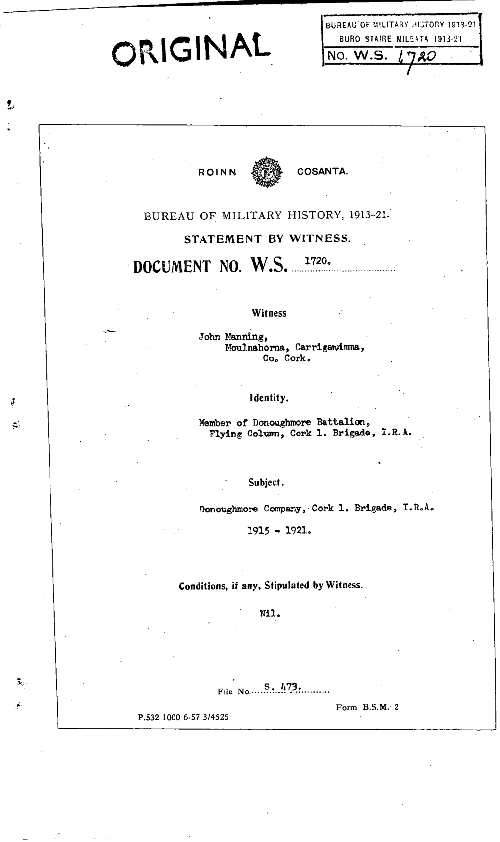 ROINN COSANTA. BUREAUOF MILITARY HISTORY, 1913-21. STATEMENT by WITNESS. DOCUMENT NO. W.S. 1720. Witness John Manning, Moulnahor