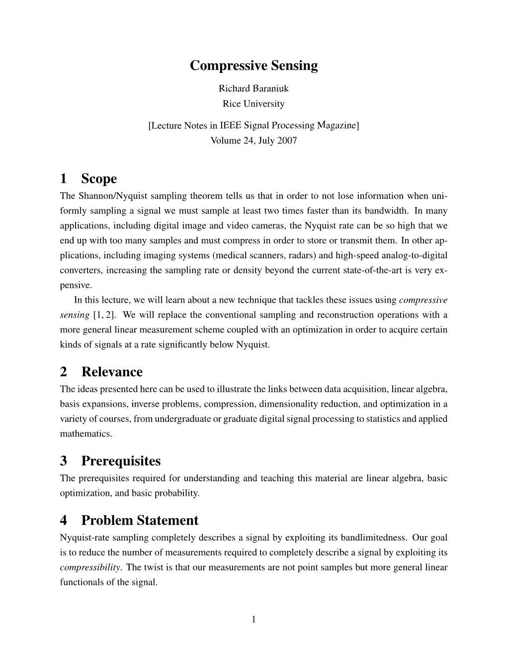 Compressive Sensing 1 Scope 2 Relevance 3 Prerequisites 4