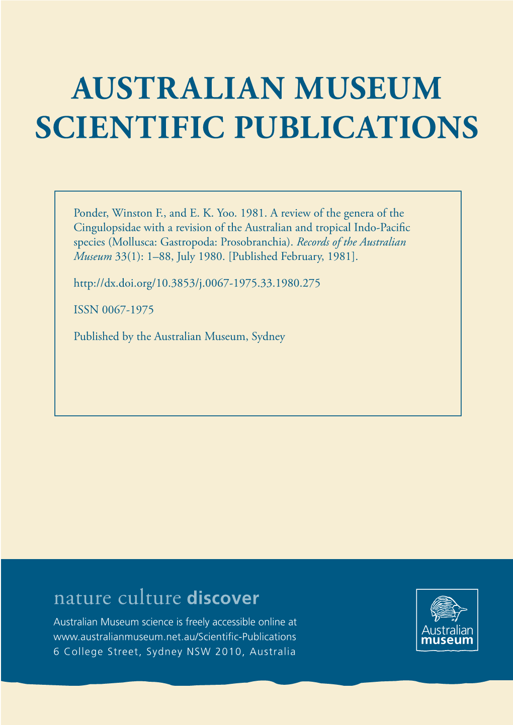 A Review of the Genera of the Cingulopsidae with a Revision of the Australian and Tropical Indo-Pacific Species (Mollusca: Gastropoda: Prosobranchia)