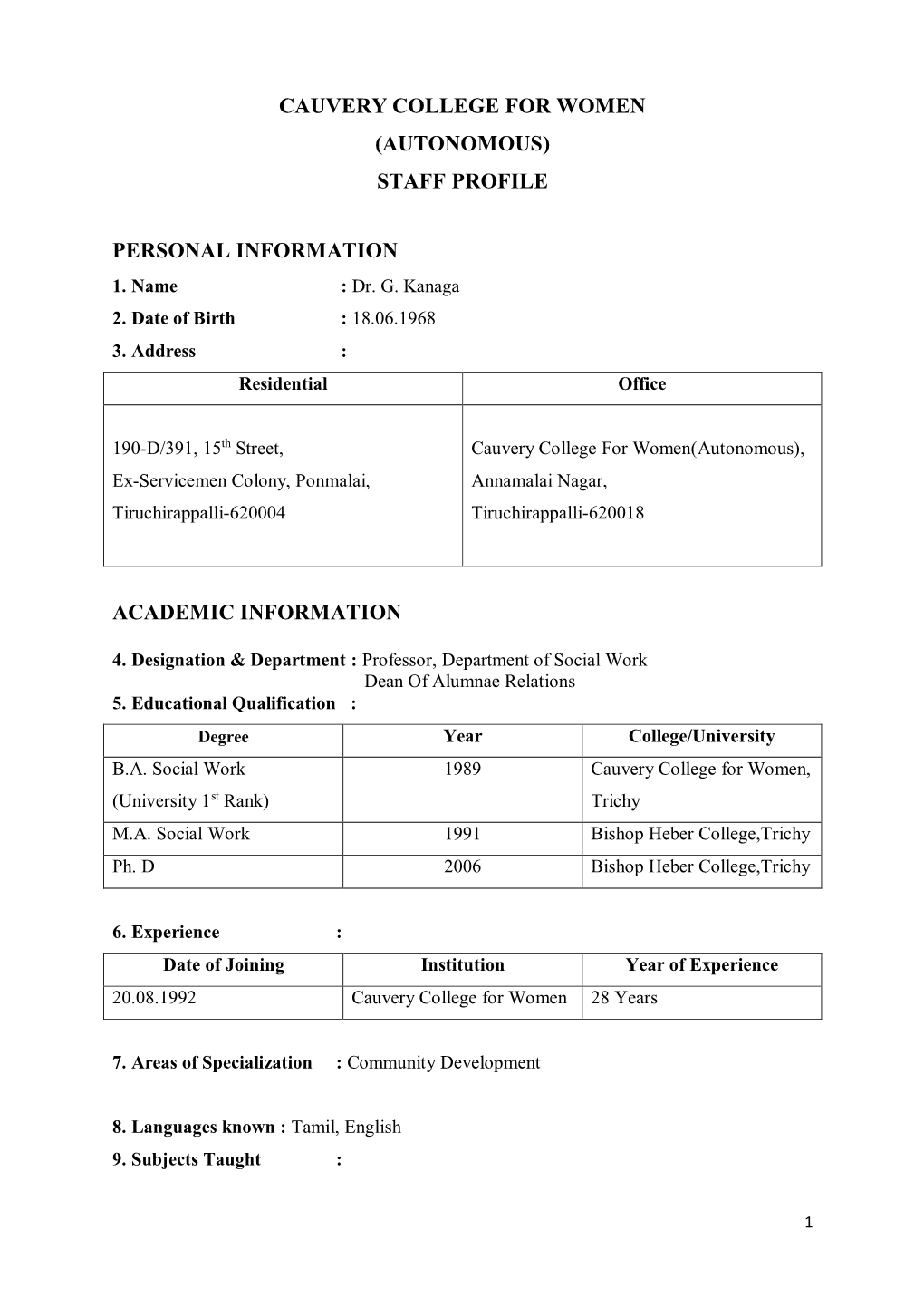 Cauvery College for Women (Autonomous) Staff Profile