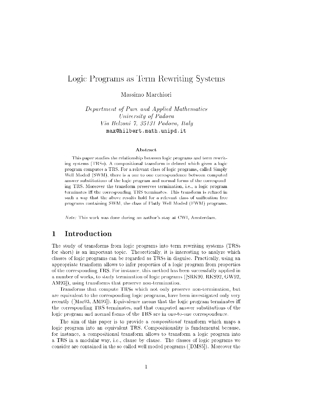 Logic Programs As Term Rewriting Systems 1 Introduction