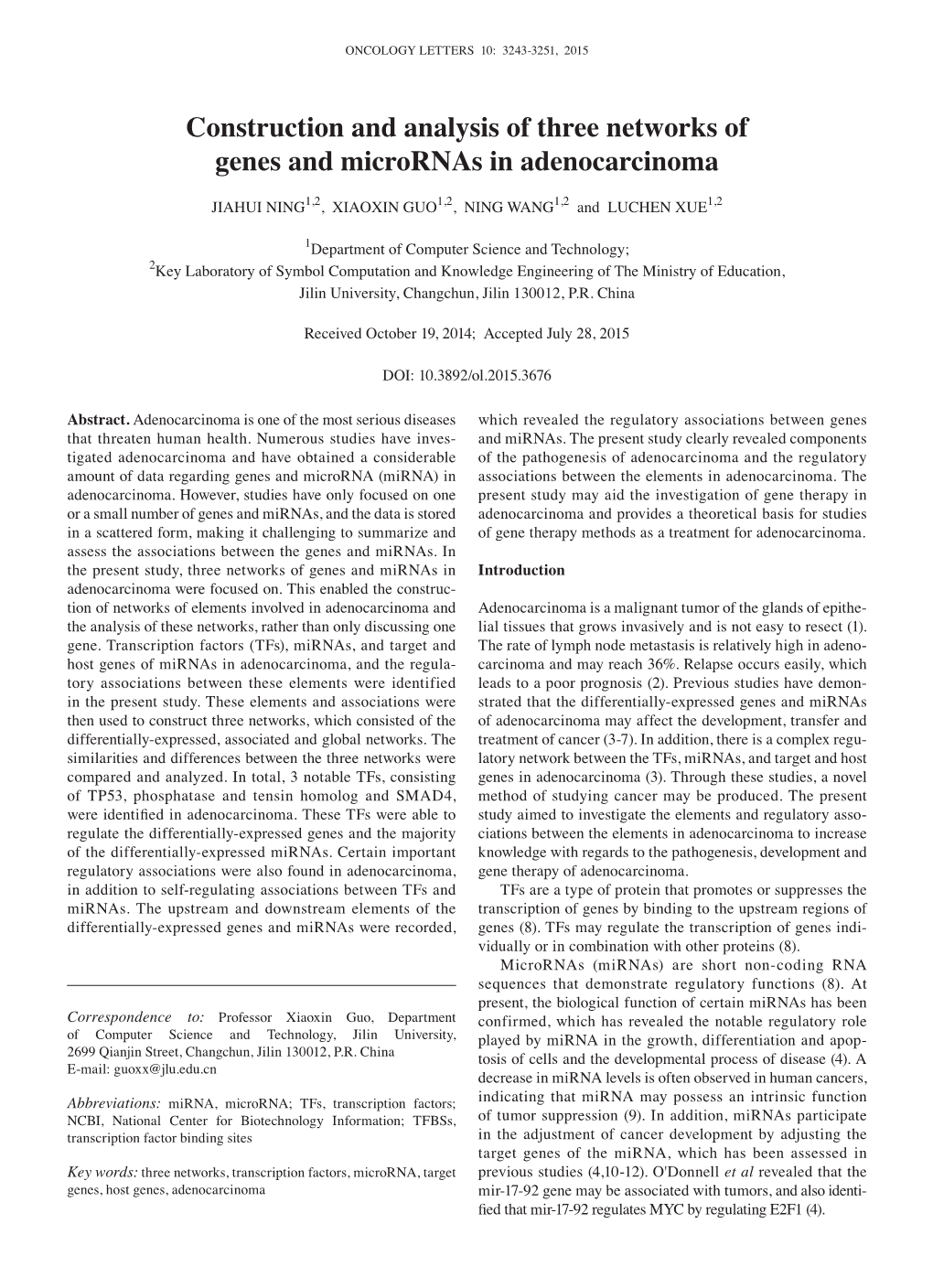 Construction and Analysis of Three Networks of Genes and Micrornas in Adenocarcinoma