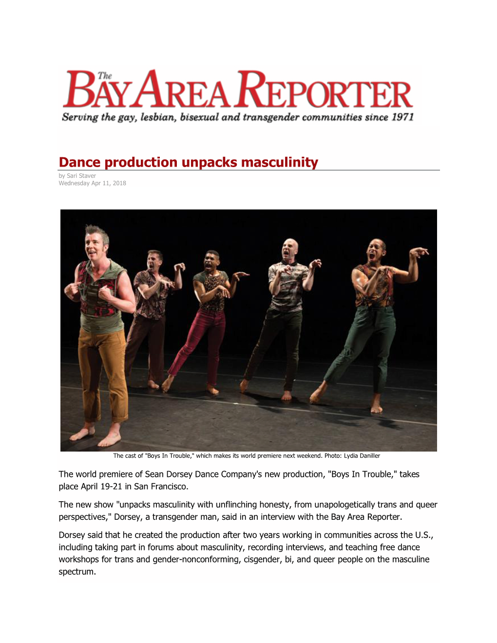 Dance Production Unpacks Masculinity by Sari Staver Wednesday Apr 11, 2018