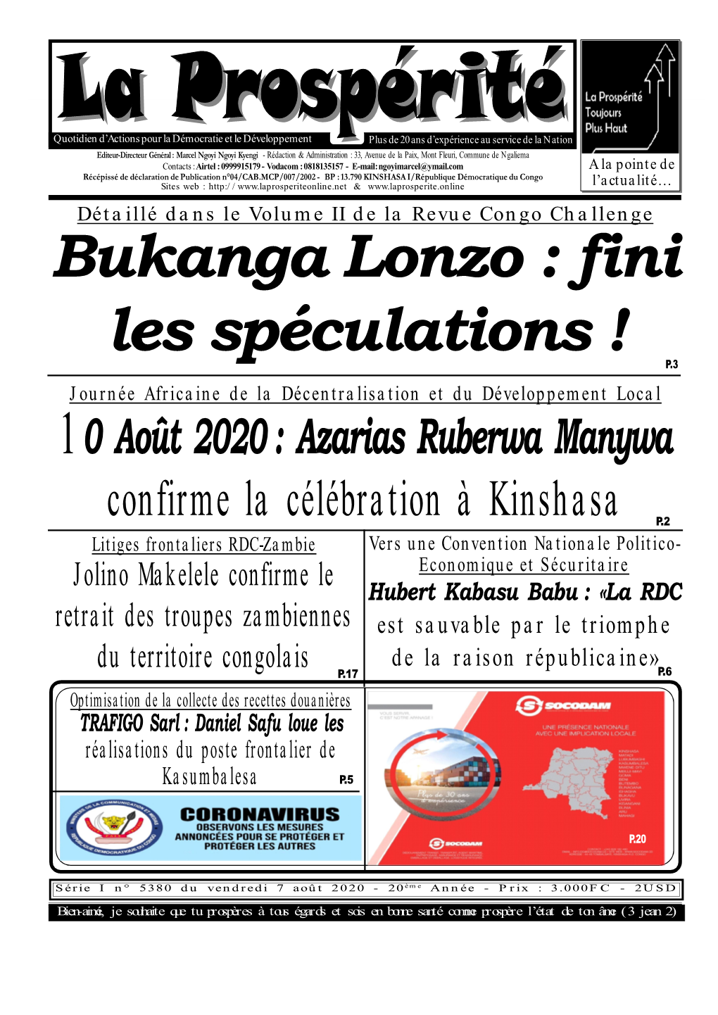 10 Août 2020 : Azarias Ruberwa Manywa Confirme La Célébration À Kinshasa