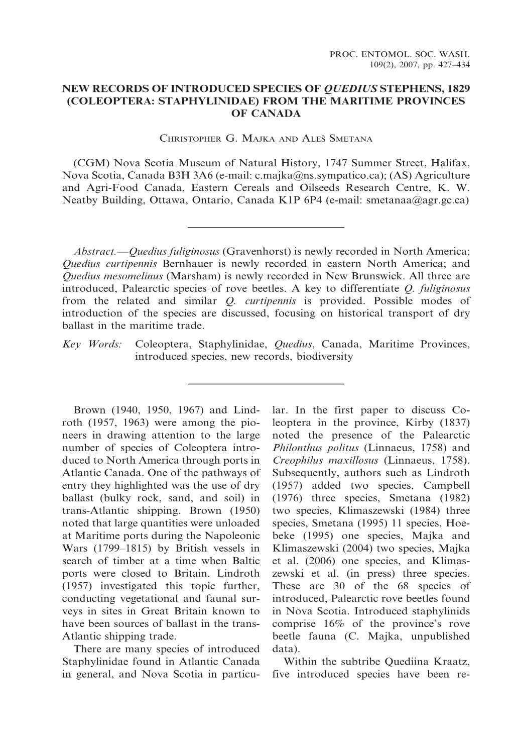 New Records of Introduced Species of Quedius Stephens, 1829 (Coleoptera: Staphylinidae) from the Maritime Provinces of Canada