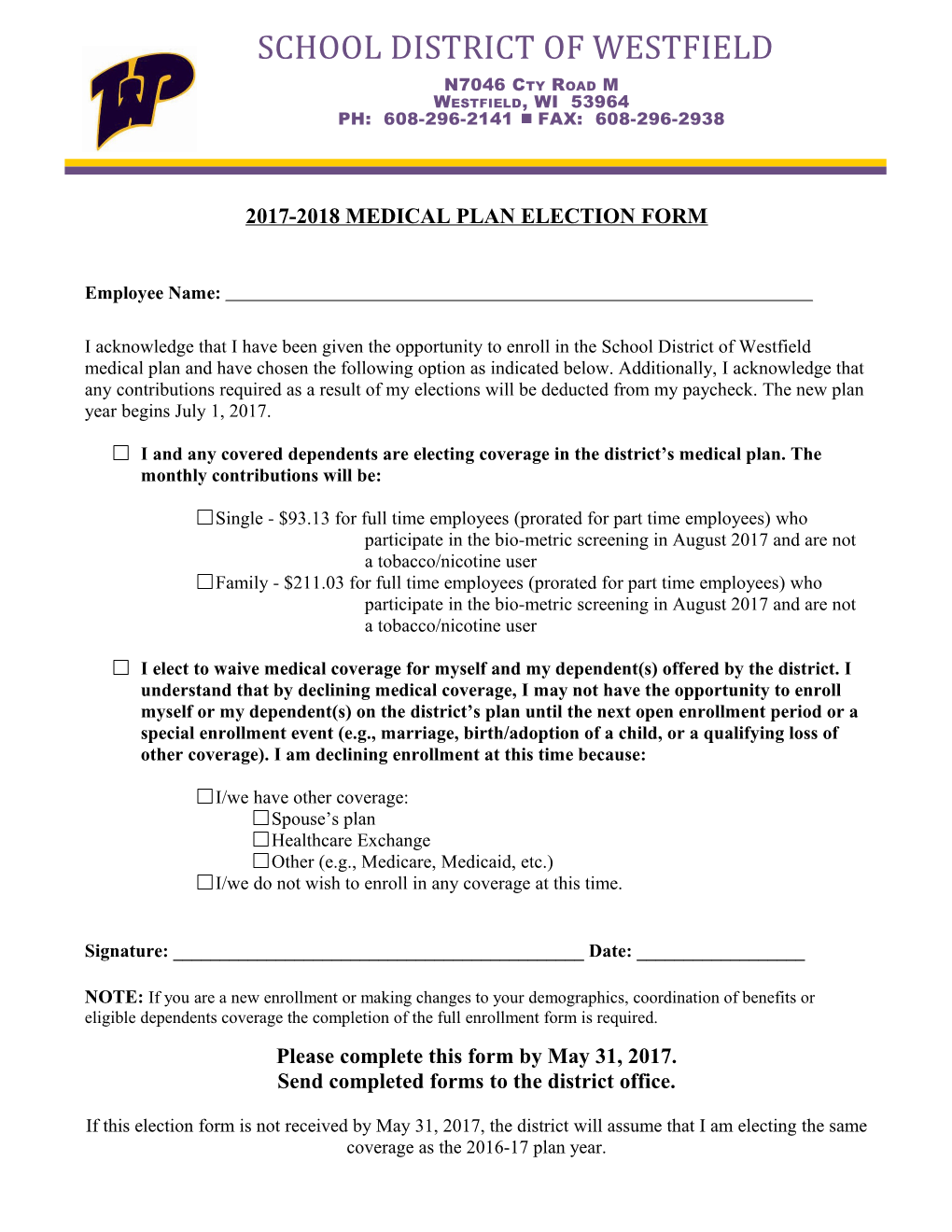 2017-2018 Medical Plan Election Form