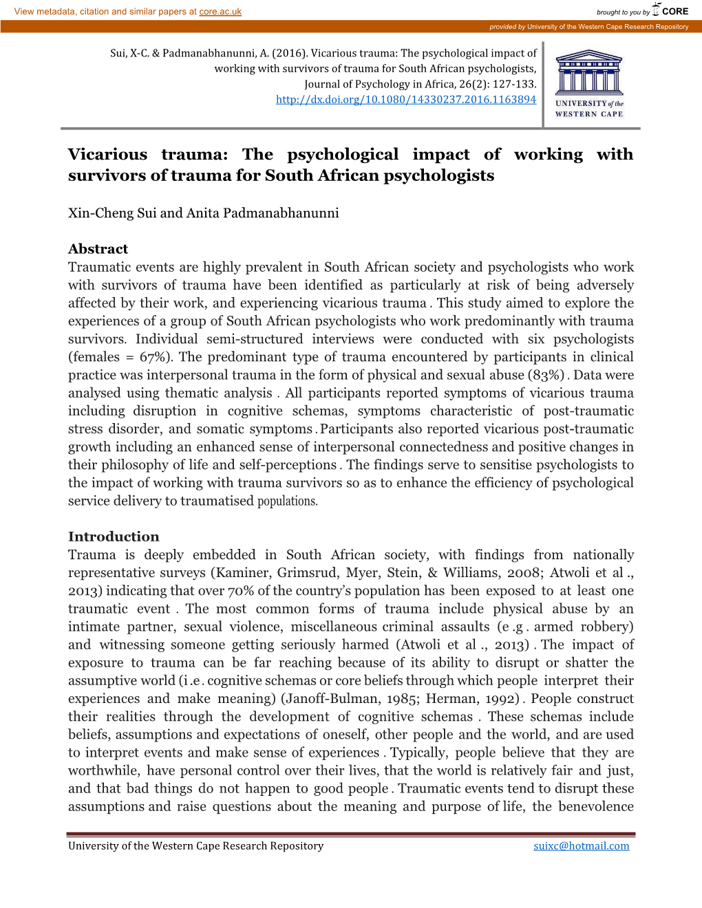 Vicarious Trauma: the Psychological Impact of Working with Survivors of Trauma for South African Psychologists, Journal of Psychology in Africa, 26(2): 127-133