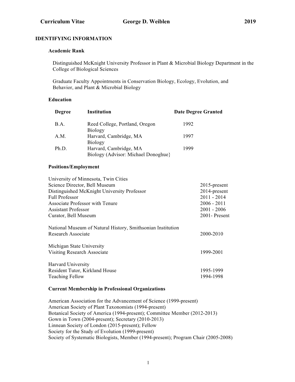 Curriculum Vitae George D. Weiblen 2019