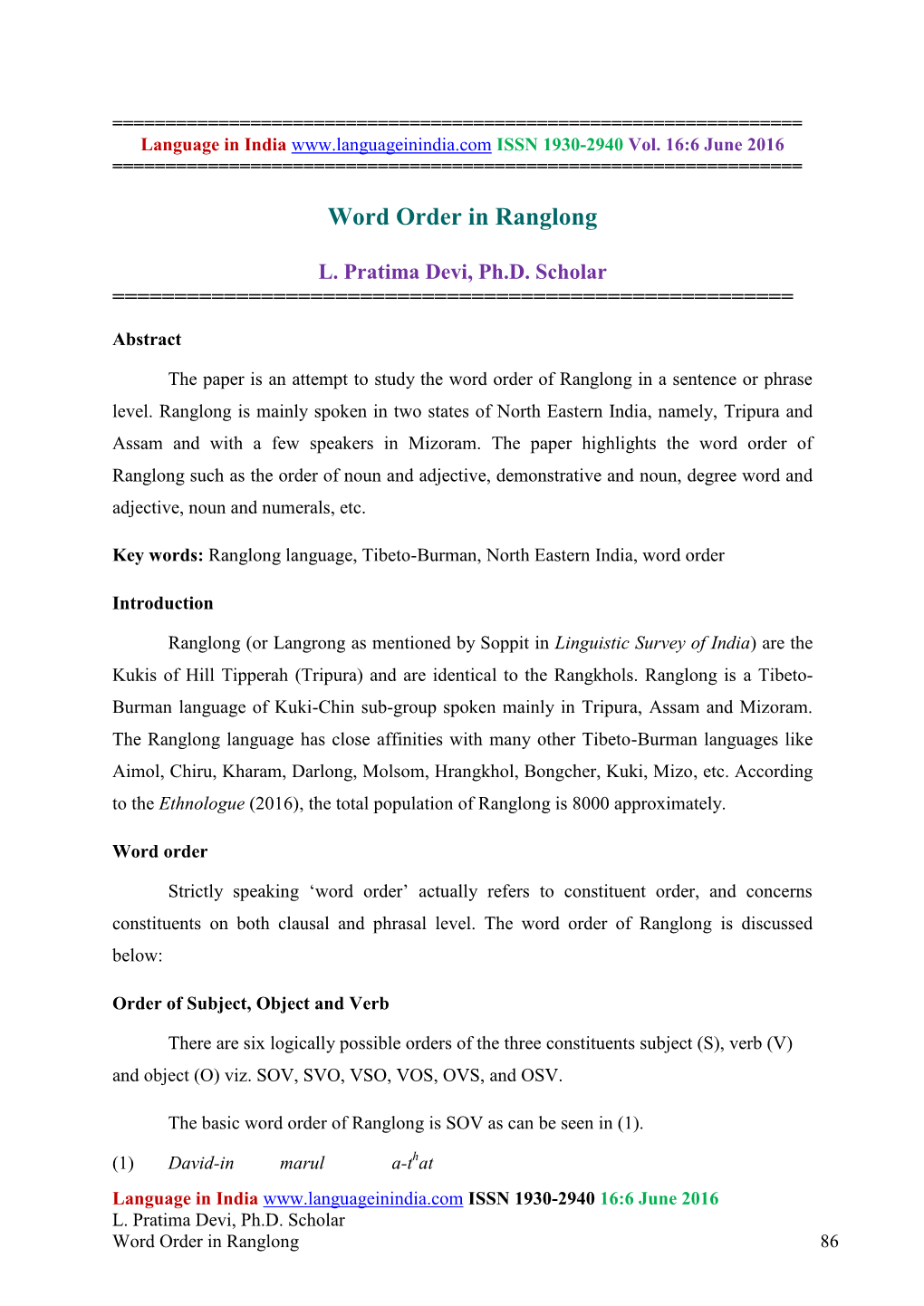 Word Order in Ranglong