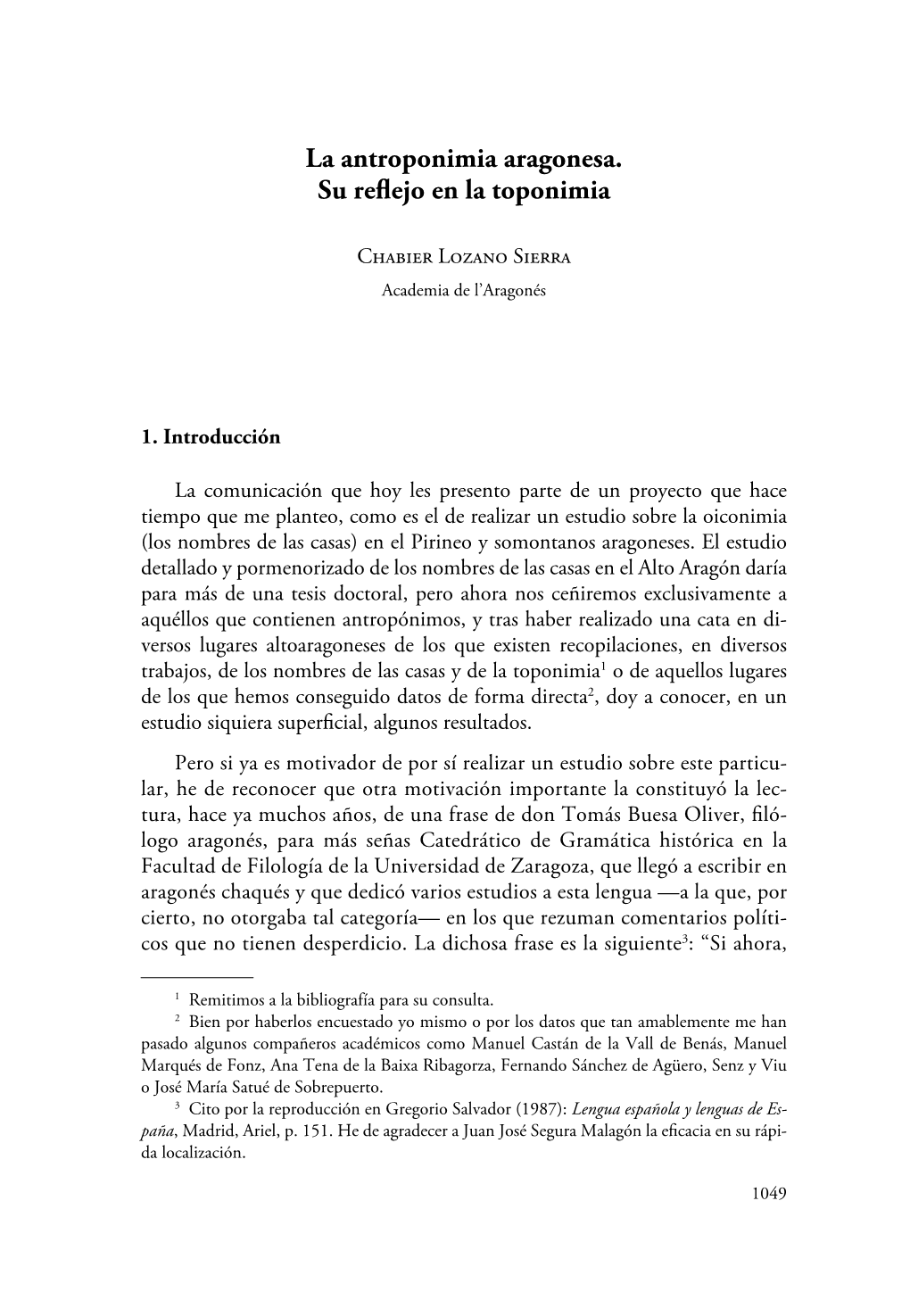 La Antroponimia Aragonesa. Su Reflejo En La Toponimia