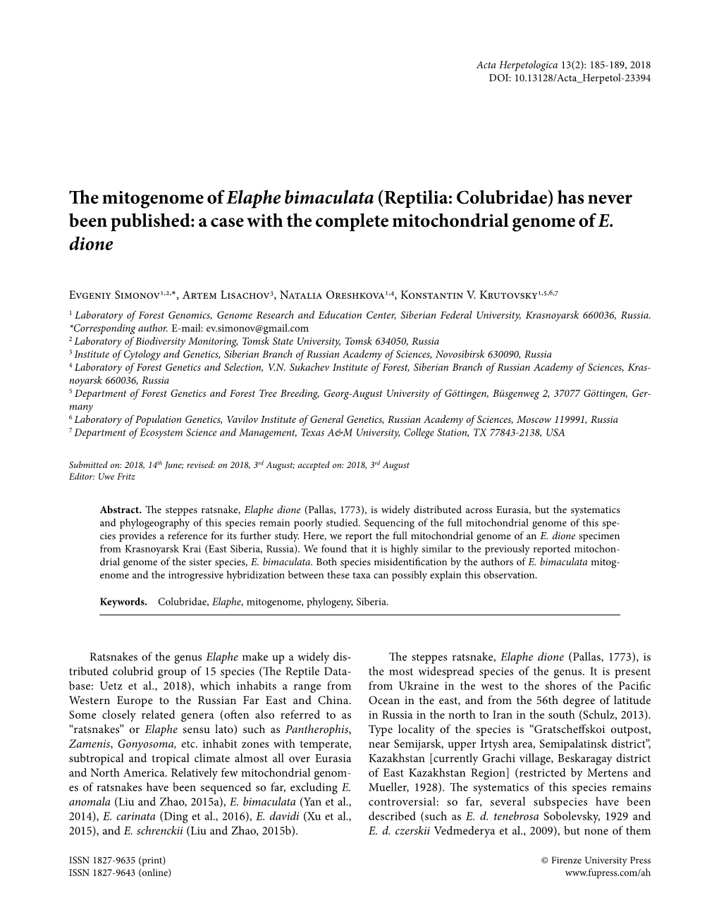 The Mitogenome of Elaphe Bimaculata(Reptilia: Colubridae