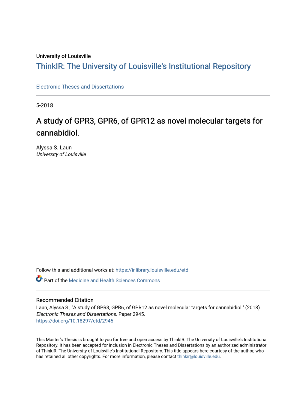 A Study of GPR3, GPR6, of GPR12 As Novel Molecular Targets for Cannabidiol