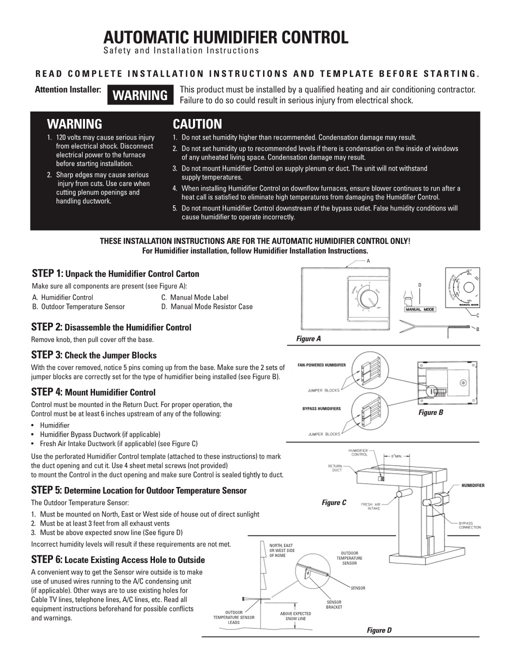 AUTOMATIC HUMIDIFIER CONTROL Safety and Installation Instructions