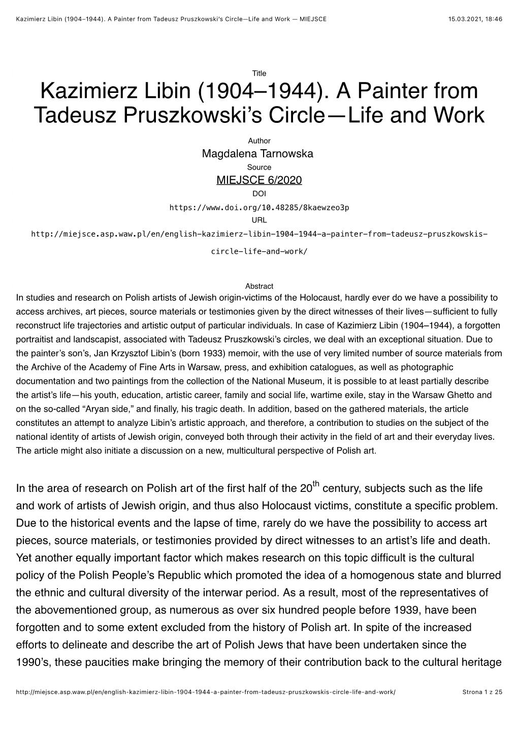 Kazimierz Libin (1904–1944). a Painter from Tadeusz Pruszkowski’S Circle—Life and Work — MIEJSCE 15.03.2021, 18:46