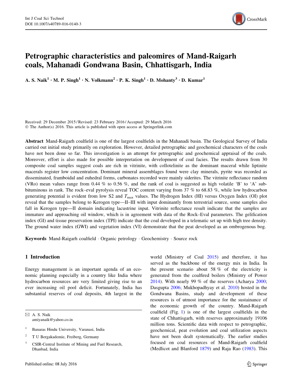 Petrographic Characteristics and Paleomires of Mand-Raigarh Coals, Mahanadi Gondwana Basin, Chhattisgarh, India