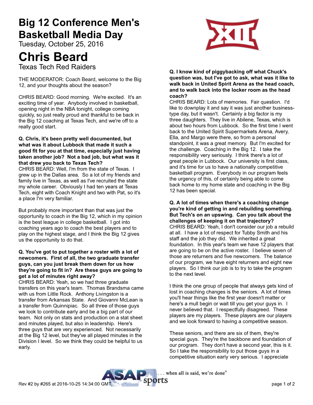 Chris Beard Texas Tech Red Raiders Q