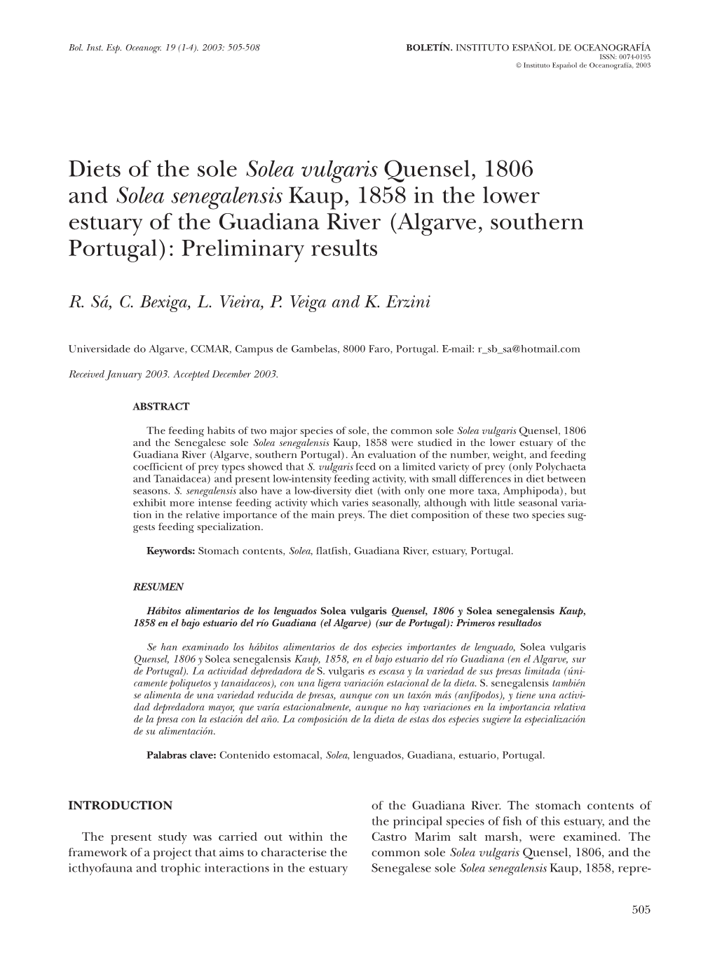 Diets of the Sole Solea Vulgaris Quensel, 1806 and Solea