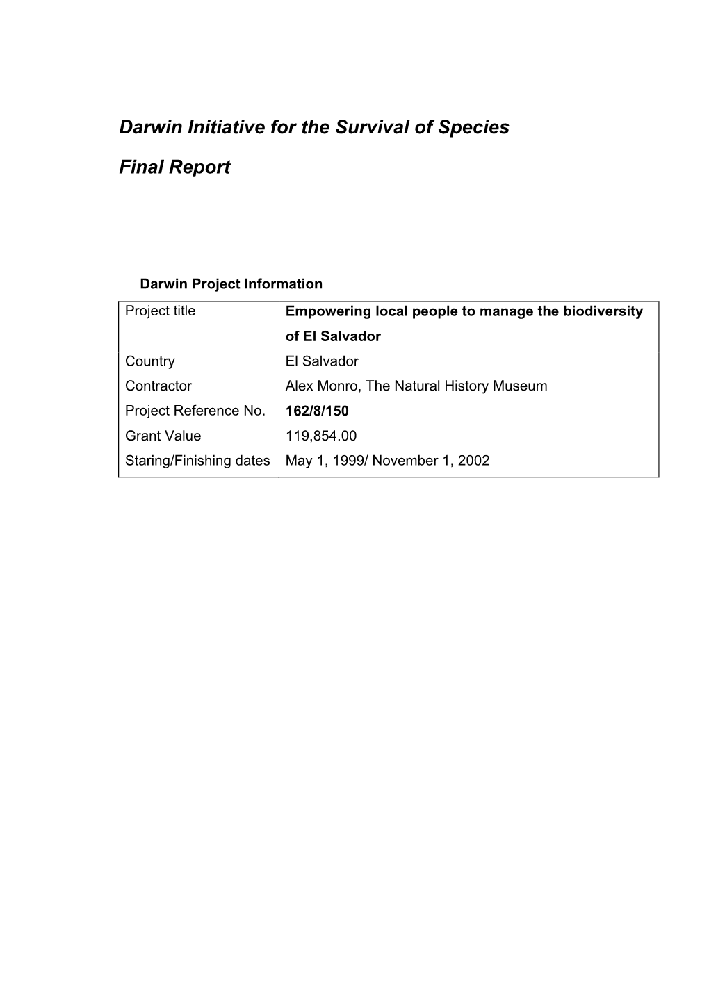 Darwin Initiative for the Survival of Species Final Report