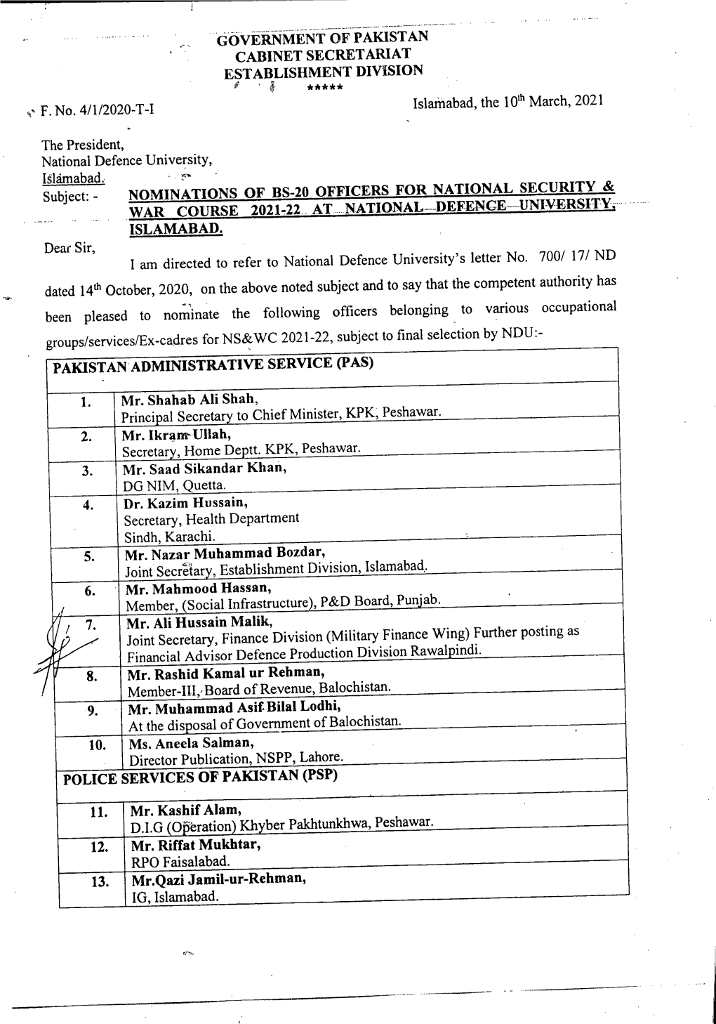 Nominations of Bs-20 Officers for National Security & War Course 2021-22 at National—Defence—University, Islamabad