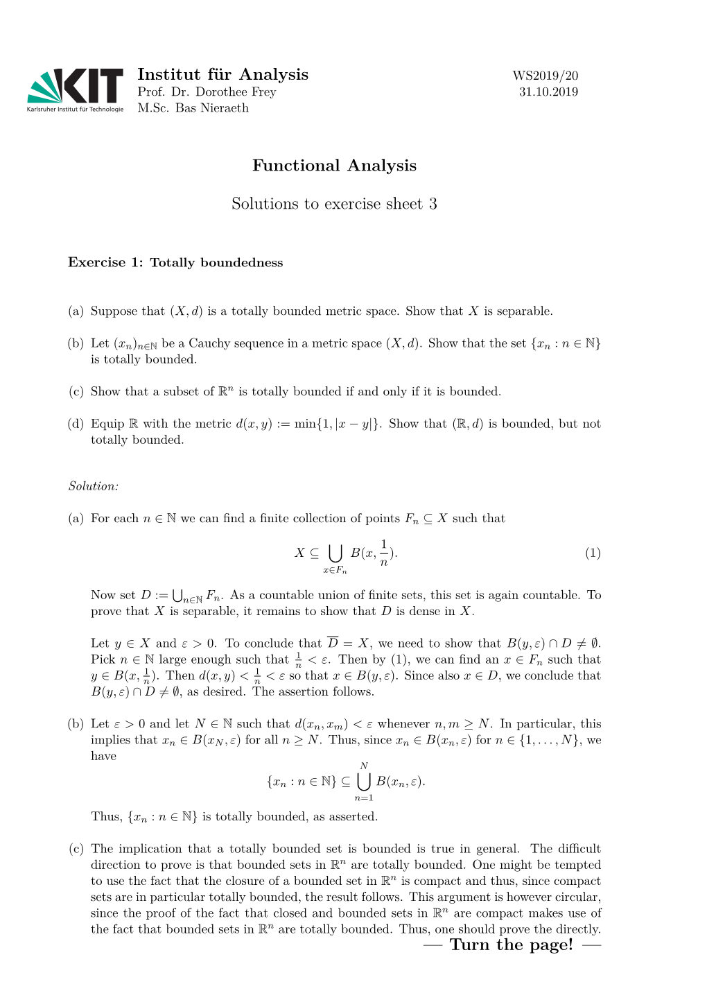 Functional Analysis Solutions to Exercise Sheet 3