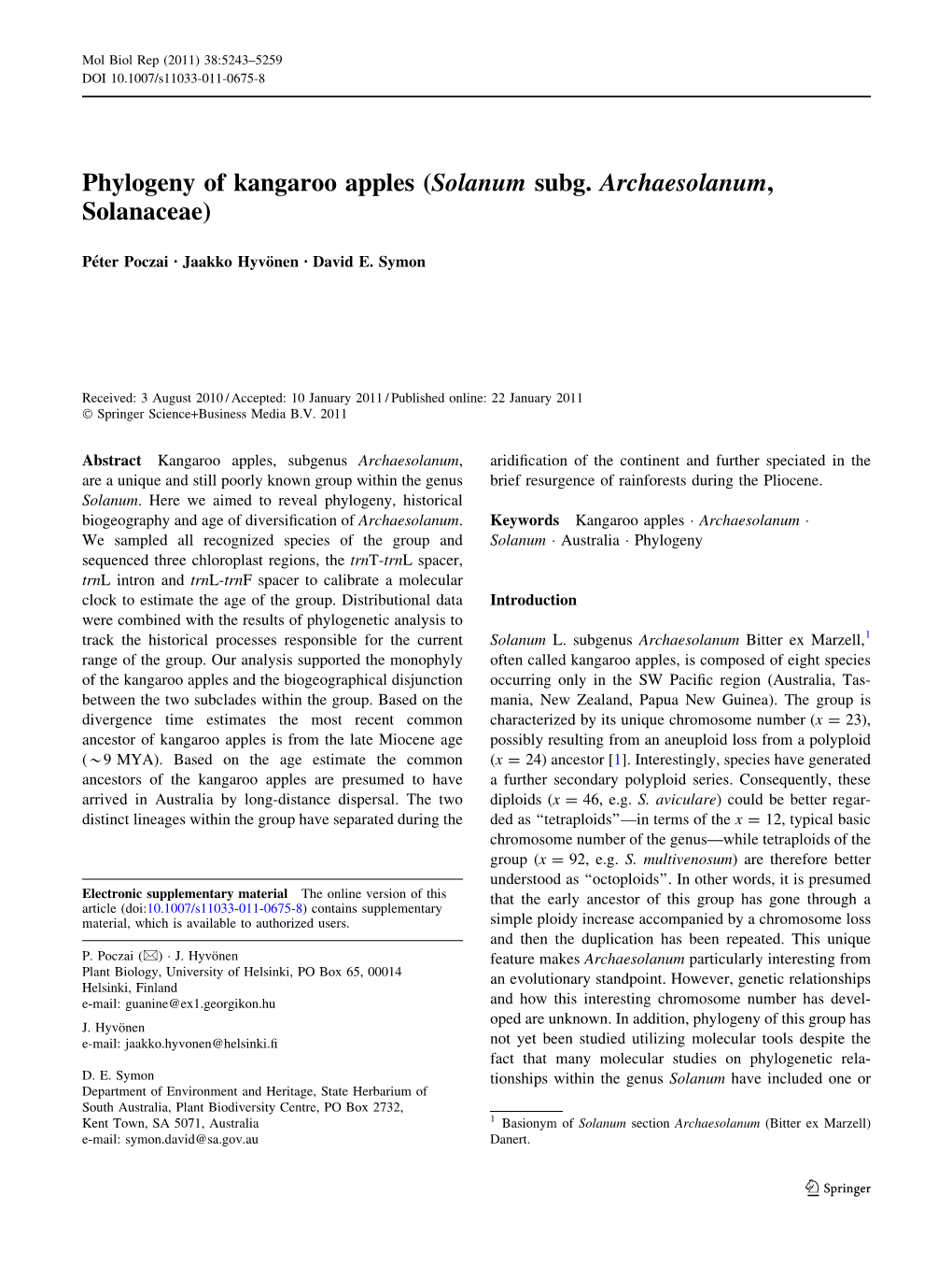 Phylogeny of Kangaroo Apples (Solanum Subg