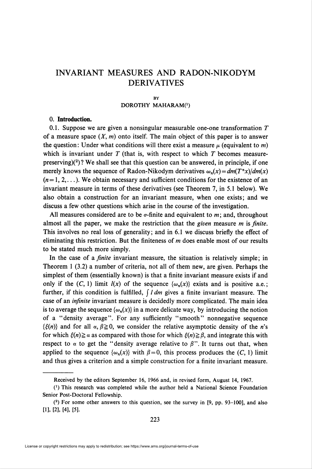Invariant Measures and Radon-Nikodym Derivatives