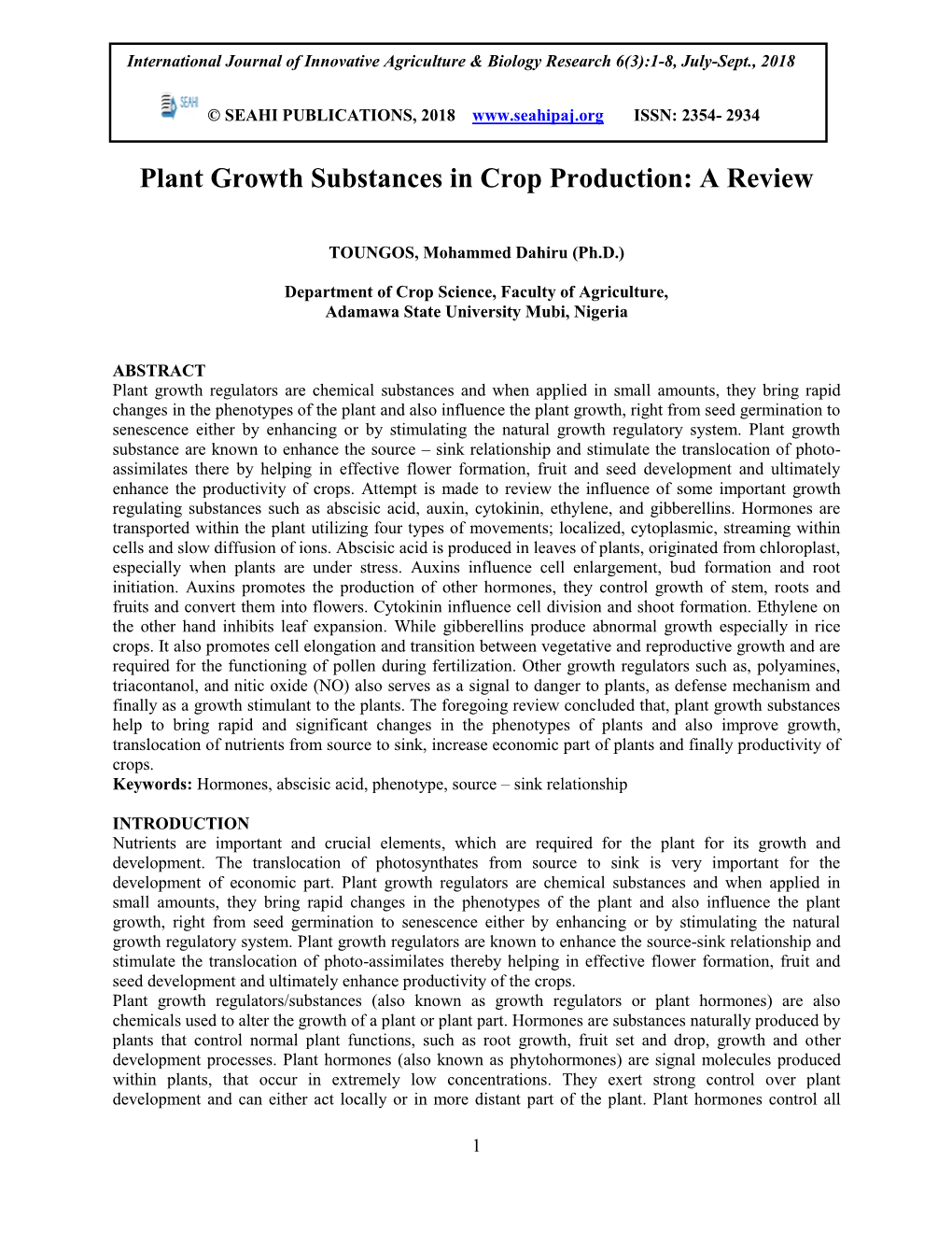 Plant Growth Substances in Crop Production: a Review