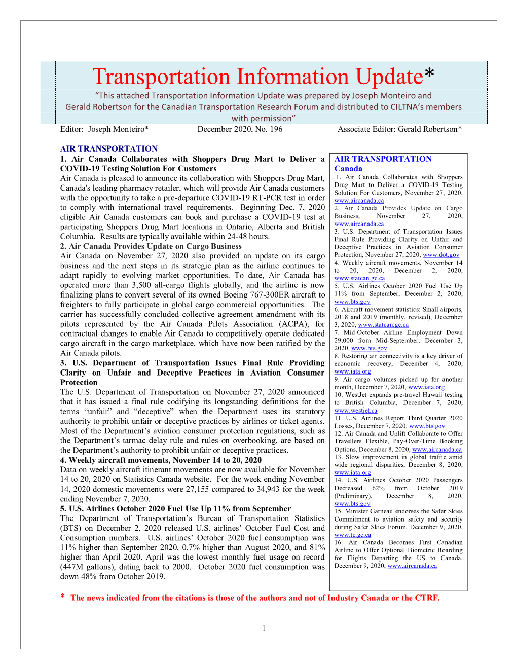 Transportation Information Update, December 2020