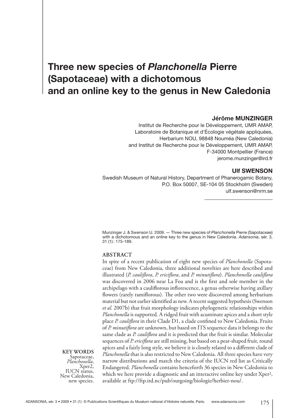 Three New Species of Planchonella Pierre (Sapotaceae) with a Dichotomous and an Online Key to the Genus in New Caledonia