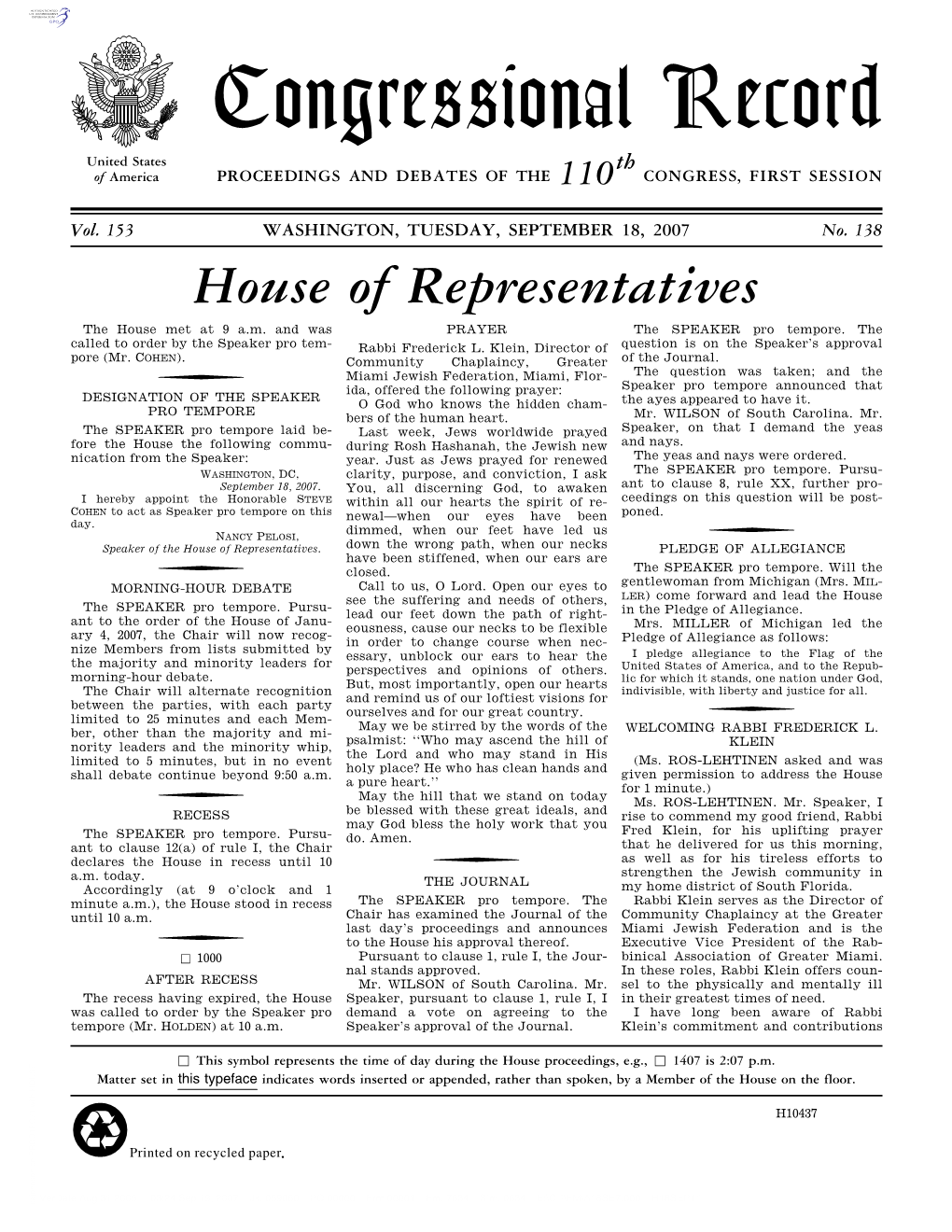 Congressional Record United States Th of America PROCEEDINGS and DEBATES of the 110 CONGRESS, FIRST SESSION