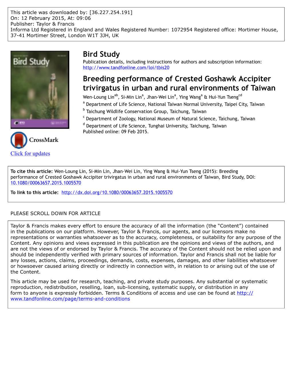 Bird Study Breeding Performance of Crested Goshawk Accipiter