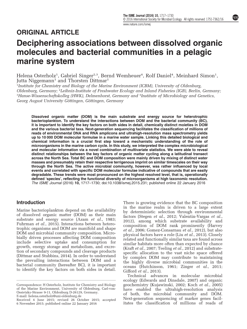 Deciphering Associations Between Dissolved Organic Molecules and Bacterial Communities in a Pelagic Marine System