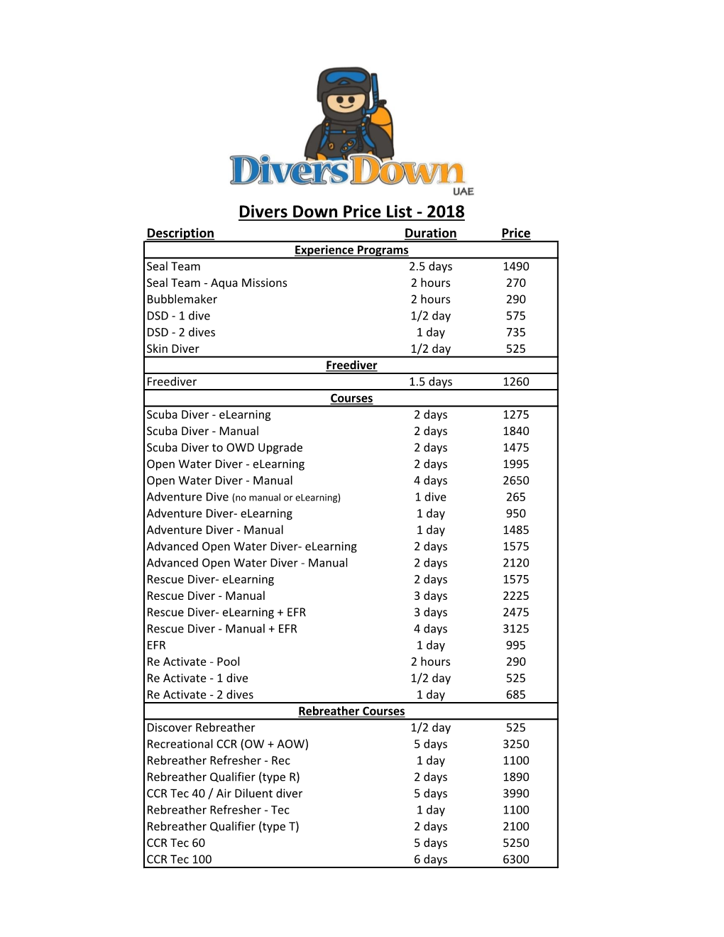 Divers Down Price List