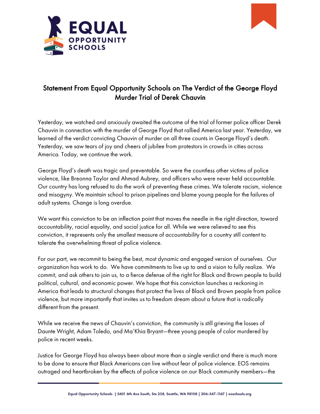 Statement from Equal Opportunity Schools on the Verdict of the George Floyd Murder Trial of Derek Chauvin